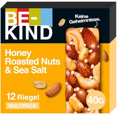 BE-KIND Barres Céréales Noix Grillées Miel Sel Marin Sans Gluten 12x40g | Barres céréales aux noix grillées et miel sans gluten, en grand format, le snack sain et gourmand.