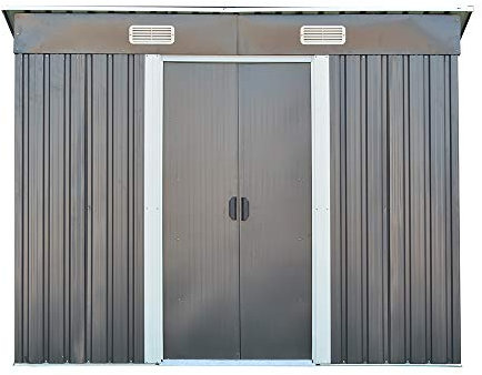 Panana New Pent Roofed Metal Garden Shed with Double Sliding Doors, Zinc Frame Large House Hut Gardening Tool Bike Storage Foundation and Ventilation with free base (Grey)