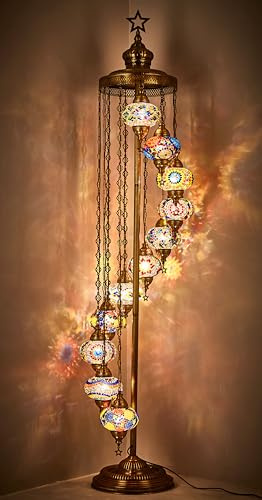 DEMMEX 11 Globe Turkish Moroccan Mosaic Floor Lamp – 210 cm Tall Tiffany Style Standing Boho Lamp for Living Room, Bedroom & Entryway – Handmade in Turkey, Multicolor