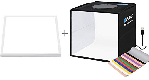 PULUZ Tragbares Mini-Fotostudio-Set, 25 x 25 x 25 cm, faltbare Lichtbox + schattenloser LED-weißer Hintergrund, LED-beleuchtetes Panel mit 6 Arten doppelseitigen farbigen Hintergründen für kleine