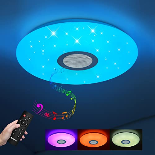 JDONG Kinderzimmer Deckenleuchte Led mit Fernbedienung und App dimmbar 24W Bluetooth Deckenlampe, Sternenhimmel Ø30CM,Farbwechsel RGB Tageslichtweiß, mit weißes Rauschen für Schlafzimmer Küche Bad