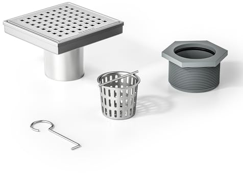 Bernkot Square Shower Drain 4, 304 Stainless Steel Floor Drain with Grid Drain Cover & Hair Strainer, Retrofit Shower Drain w/CUPC Certified, Brushed