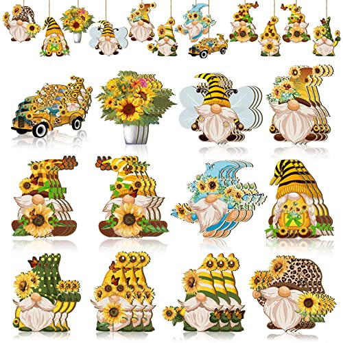 36 Pcs Summer Wood Ornaments Sunflower Gnome Butterfly Hanging Decoration Summer Tree Ornaments with String Pendant Slices Tags for Holiday Birthday Party Anniversary Home Tree Decor, 12 Styles