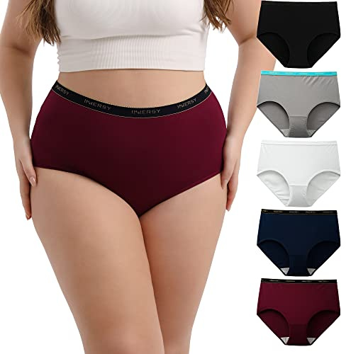 INNERSY Underbyxor, dam, stora storlekar, trosor, bomull, hög midja, kalsonger, maxi, underkläder, 5-pack, Svart/vit/marinblå/mörkröd/grå, 56-58