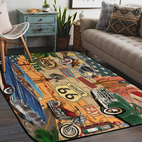 WowPrint Vintage Poster USA Bereich Teppiche Wohnzimmer, Vintage Garage Bereich Teppich für Schlafzimmer Kinderzimmer Waschbar rutschfest Bodenmatte Großer Teppich 122 x 183 cm