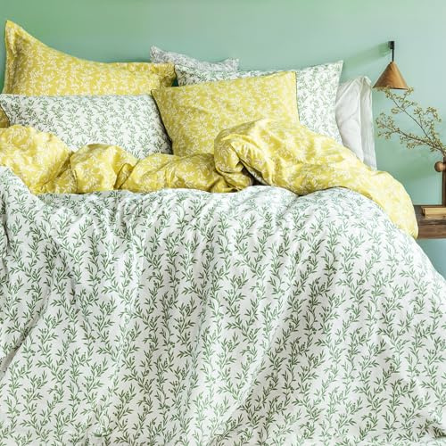 LERUUM Housse Couette 200x200 Fleurie Réversible Vert Jaune – Parure de Lit 200x200 Coton Adulte Fille 2 Personnes | Taie Oreiller 65x65
