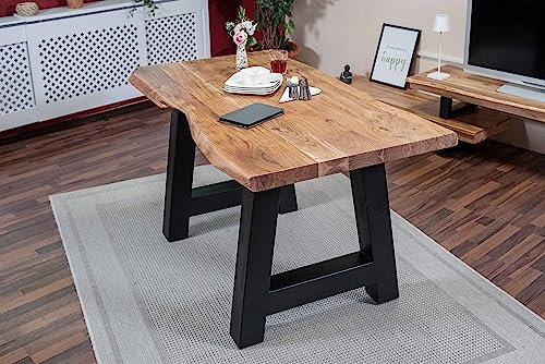 SAM Esstisch 120 x 80 cm Cali, Baumkantentisch naturfarben, Akazienholz massiv, A-Gestell aus Metall Schwarz, aufgedoppelte Kanten 25+25 mm