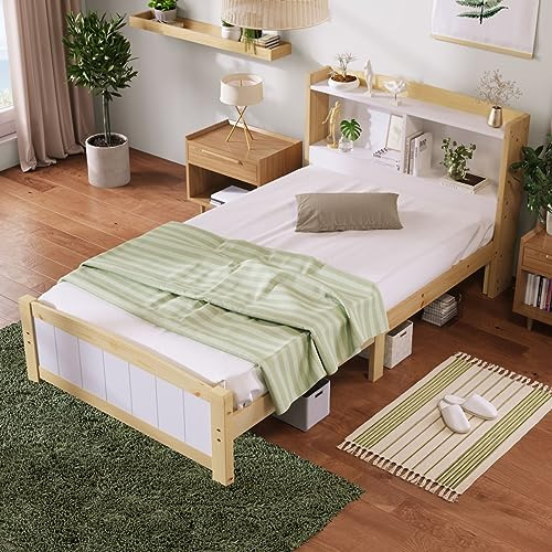 Sweiko Bett 90 x 200 cm，Bettgestell mit Lattenrost,Massivholz Einzelbett Stauraum-Kopfteil Bett, Holzbett mit Kopfteil,Kinderbett Jugendbett Kiefer massiv Natürlich und Weiß (Ohne Matratze)