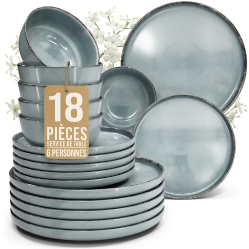 Set di Piatti in Ceramica per 6 Persone Rustic 18 Pezzi - Design Rustico e Moderno, Lavabili in Lavastoviglie - Set di Ciotole e Piatti Colorati - Pure Living Blu Fumo