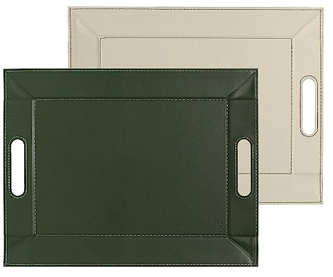 Freeform Duo Tablett 55×41 cm, Kunstleder Wendetablett mit Griffen | Olivgrün/elfenbeinfarben, 2-in-1 Serviertablett und Tischset, bis 90°C hitzebeständig, kontrastierende Nähte