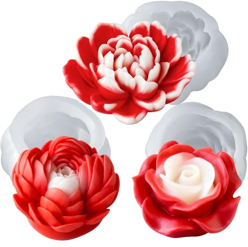 silikonformen gießformen kerzen Set,3 rosenform silikon Blume Formen, Silikonformen Gießformen, 3D Kerzen Formen, Rose Schokolade Formen, Handgemachte Silikon Blume Formen,Schokoladendekoration