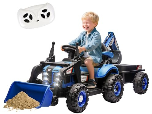 OKYBABY Ride on Tractor with Trailer, 12V Battery Powered Electric Tractor Toy w/Remote Control, Children's Electric Vehicle with 3 Speed Adjustable, USB, LED Lights, Audio, Safety Belt (Blue)