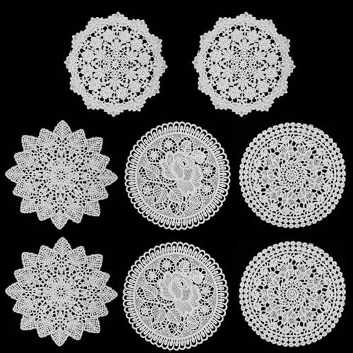 Spitze Platzdeckchen, 8 Stück Rund Deckchen Häkeln 15cm Weiß Handgefertigte Spitze Untersetzer Vintage Rustikalen Tisch Deckchen Deko für Küche Esszimmer Party Hochzeit Kommoden Dekoration
