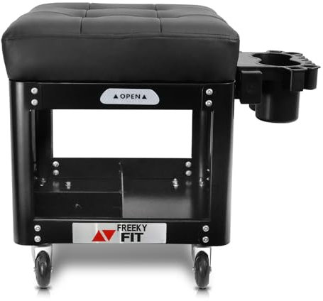 FreekyFit Rolling Creeper Garagen-Sitz für Herren, gepolsterter Mechaniker-Hocker mit Werkzeugablage, Aufbewahrung für Garage, rollender Werkstatthocker mit Rollen, Auto-Creeper Sitz, 150 kg Kapazität