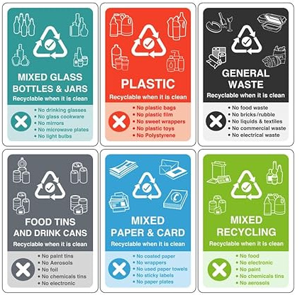 Recycling signs complete pack of 6 essential for recycling bins - High tack self-adhesive sticker (200mm x 150mm) Viewing Distance within 5m.