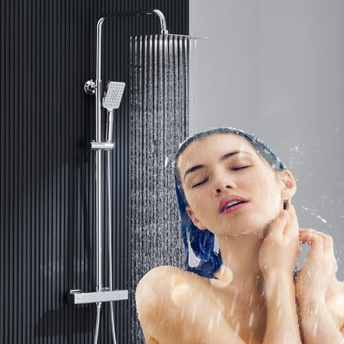 (1 Pack) Yariwiz Thermostatic Shower Set Chrome, 10 x 10 inches Large Square Overhead Rainfall Shower, 3 Jet Types Handheld Shower, Height Adjustable Shower Set