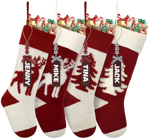 Dremisland Calcetines Navidad de Tejida Personalizado Árbol de Navidad con Renos Grande Medias Navideñas Navidad con Nombre Colgar Calcetines Navideños Christmas Stocking Chimenea Fiesta Decor