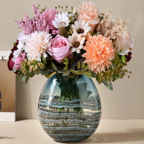 KARLOR Bouquet de roses artificielles roses - Hortensia, dahlias, marguerites - Plantes artificielles - Décoration de mariage - Décoration de table (10 têtes de fleurs/7 branches)