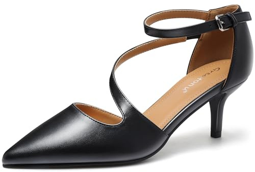 Greatonu Chaussures à bout pointu pour femme avec sangle de cheville et talon chaton, Noir PU, 39 EU