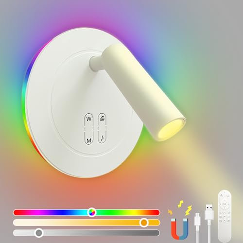 KZT Lampada da Parete Dimmerabile Interni RGB Applique da Parete con Telecomando 350°/90° Riflettore Ruotabil 8W Luce da Lettura con Interruttoree per Camera da Letto Soggiorno 14cm, Bianco