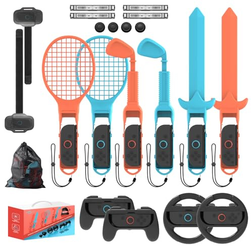 Switch 2/1 Sports Accessories,KEPLUG 20 in 1 Sports Bundle for Nintendo Switch 2/1 with 2 Joycon Grips 2 Steering wheels,Durable Family Accessories Kit,2 Tennis Rackets,Golf Clubs 2 Swords 2 Leg Strap