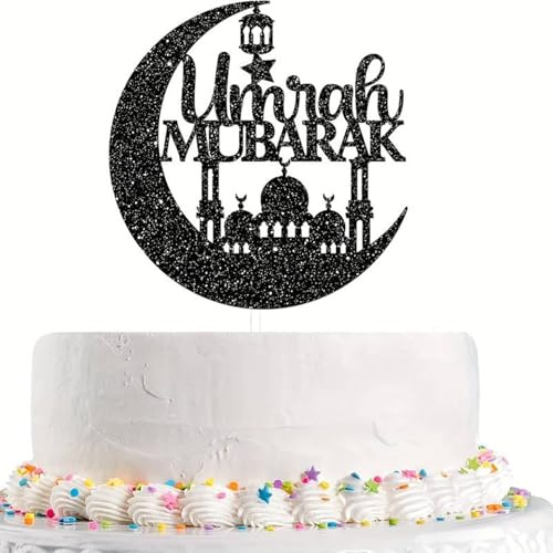 Umrah Mubarak Cake Topper – Black Glitter Islamic Cake Decoration for Celebrations | Elegant Party Decor & Umrah Mubarak Decorations for Muslim Gifts, Events & Desserts Islamic Cake Topper