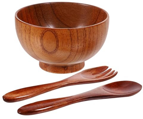 Alipis 1 Set Set di stoviglie in legno rustico piccola ciotola chiave prima colazione cucina insalatiera con posate ciotole da portata per feste ciotole con cucchiaio Insalata di legno