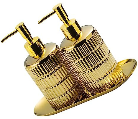 DEARMAMY Bouteilles à Presser en Céramique, Lot De 2 Set De, Finition Dorée, Format Moyen, Distributeurs De Lotion Et Shampoing pour Salle De Bain Plateau De Support