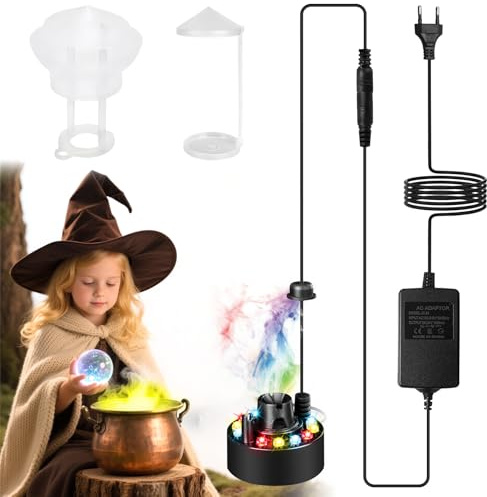Behogan Nébuliseur à ultrasons, 12 LED, mini machine à fumée à ultrasons pour Halloween, avec 2 protections anti-éclaboussures amovibles, 24 V, pour étang, citrouille d'Halloween et pot de sorcière