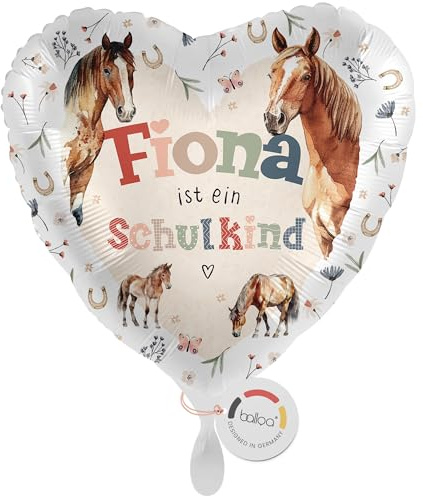 balloa Personalisierter Ballon mit Namen, personalisiertes Geschenk zur Einschulung, Folienballon Pferde Motiv, Helium Ballon Herzform, Einschulungsballon Schulstart Schule Mädchen 33cm