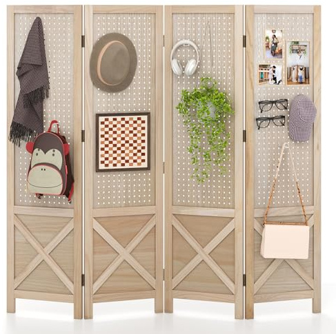 COSTWAY Paravent med piedestal, 153,5 x 144 cm, rumsavdelare vikbar, 4 delad skiljevägg med träramar, insynsskydd inomhus utomhus, dekorativ, natur