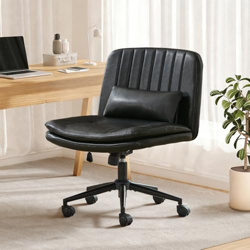 SAMERY Breiter Bürostuhl ohne Armlehnen, Doppellagiger Dicker Schreibtischstuhl Schneidersitz Stuhl mit Rollen, Höhenverstellbar Drehstuhl Computerstuhl Home Office Stuhl (Schwarz, Mit Rädern)
