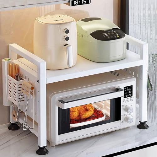 Blissbuilt 2-stufiges Erweiterbares Mikrowellen Regal,Flexibel Ausziehbar von 42-68cm,Arbeitsplatte Küche Regal Küche mit 6 Haken,klein und platzsparend,Mikrowellenschrank für Küchenarbeitsplatten