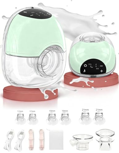 Milchpumpe Elektrisch, tragbare freihändige Doppel-Brustpumpe 4 Modi 12 Stufen mit 17/19/21mm Flansch im 2-Pack inkl. Tragegurt abpumpen muttermilch Elektrisch Electric Breast Pump Portable (Green)
