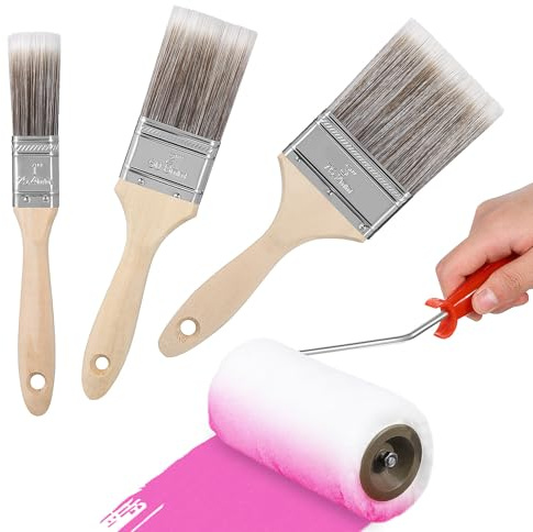 OSALADI Paint Roller and Angled Paint Brush with Wooden Handles Flat Bristle Brushes Plus Roller Varnish Durable Clear Coating Easy to Clean for Walls and Home Decor