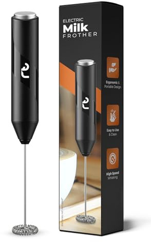 Roe Tenpo Handheld Milk Frother with Stainless Steel Whisk - Ergonomic, Compact, Easy to Clean, Portable Battery-Operated Coffee Frother for Cappuccino, Frappe, Matcha, Hot Chocolate (Black)