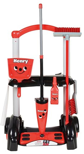 Casdon Henry & Hetty Toys - Henry Cleaning Trolley - Red Henry-Inspired Toy Playset with Mop, Brushes, Dustpan, & Accessories - Kids Cleaning Trolley Set - For Children Aged 3+