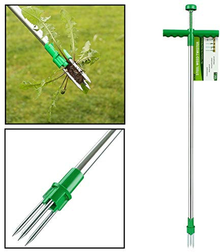 AMOS Weed Puller Tool, Stand-Up Weeder with Long Handle & 3 Claws, Manual Root Remover for Dandelions, Thistles & Lawn Weeds, No Bending or Chemicals, Easy Eject, 100cm Garden Grabber Tool