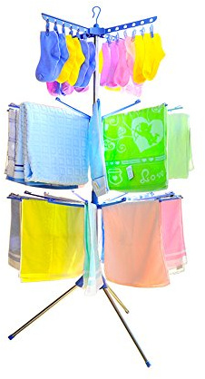 BAOYOUNI Folding Clothes Drying Rack 3-Tier Indoor Outdoor Space Saving Stand Hanger with 24 Clips and 32 Towels Bars for Baby Clothes, Cloth Diapers, Socks, Bras, Towels, Underwear (Blue)