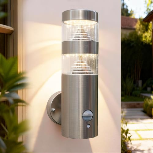 NBHANYUAN 4 Modi Außenleuchte mit Bewegungsmelder,Dämmerungssensor,Silber | SUS316 Edelstahl,Rostbeständig,IP54 Wasserdicht,LED Außenlampe für Hauswand Terrasse Garage,3000K Warmweiß 1000LM 230V