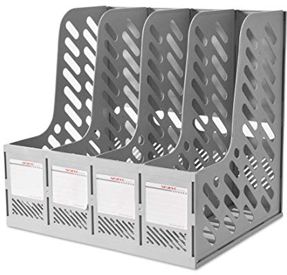 Marte Vanci Magazine File Holder, Plastic A4 Paper Organiser, 4 Vertical Slots Desk Document Folder Holder Book Rack for Office Desktop Bookshelf Cabinet Home School Storage with File Bag Grey