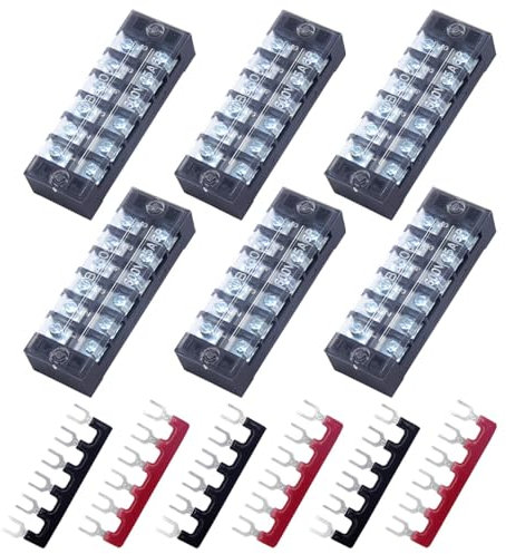 CEEYSEE 12pcs(6 Sets) 6 Positions Dual Rows Covered Screw Terminal Block 600V 25A + 6Pcs 6 Positions Pre-Insulated Black/Red Fork Terminal Barrier Strip 400V 25A (TB2506)