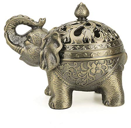 K COOL Metal Backflow Incense Holder Elephant Cone Coil Incense Burner Ash Catcher with Lid, Aromatherapy Ornament Home Office Decoration for Indoor Outdoor (Bronze)
