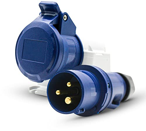 DOJA Insutrial | PACKWEIBLICHE WANDBASIS UND 220V MÄNNLICHER STROMSTOFFKONTAKT | 16A 2P+T (3 Pol) | Wandsockel + Stecker