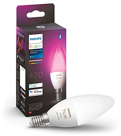 Philips Hue White & Color Ambiance E14 LED Lampe (470 lm), dimmbares LED Leuchtmittel für das Hue Lichtsystem mit 16 Mio. Farben, smarte Lichtsteuerung über Sprache und App, 1er Pack