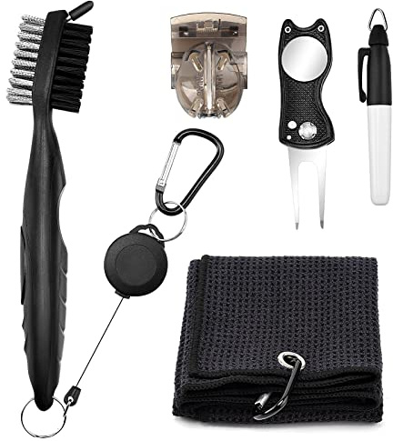 olyee Golfhandtücher und Reinigungswerkzeug-Set, Micoriber Golf-Reinigungstuch, Golf-Reinigungsbürste Werkzeug-Set mit Karabinerhaken, Tri-LINE Golfballmarker, Pitchgabel Reparaturwerkzeug