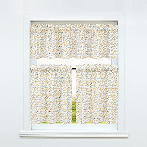CORLIF 3er Set Scheibengardine mit Tunnelzug blickdichte Vorhänge Kurzgardinen Modern Blumen Muster gelb 1 Stück Obervorhang BxH 150x35cm und 2 Stück Bistrogardinen BxH 74x92cm