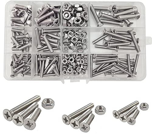 M4/M5/M6 Flachkopf Kreuzsenkkopf 304 Edelstahl Maschinenschrauben Bolzen und Muttern, 204 Stück 16/25/30mm Flachkopfschrauben Muttern Bolzen Sortiment Set und Kit