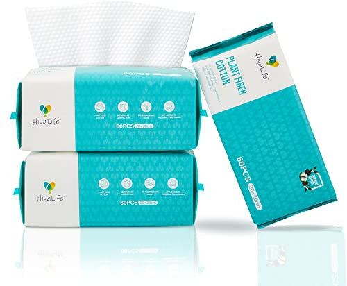 HiyaLife Face Wipes for Adults & Babies Disposable, Biodegradable, Thick, Plant Based & Absorbent Wipes for Sensitive Skin Travel Friendly, Dry Wipes for Personal Care, Makeup Remover & Skin Care