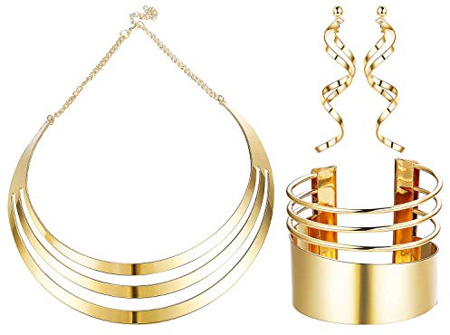 JOERICA Gold Tone Bib Choker Necklace Set for Women Wide Cuff Bangle Bracelets Long Statement Dangle Earrings African Costume Jewelry Set
